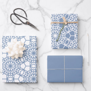 Dusty Blue Arabesque Geometric Muster Geschenkpapier Set