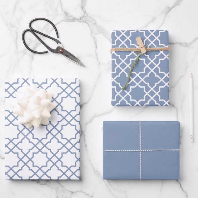 Dusty Blue Arabesque Muster Geschenkpapier Set (Vorderseite)