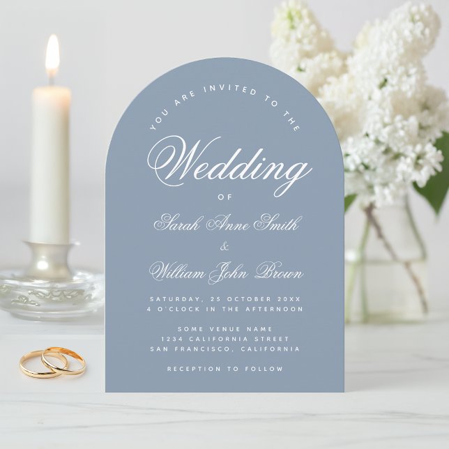 Dusty Blue Arch Simple Elegante Calligraphy Weddin Einladung (Von Creator hochgeladen)
