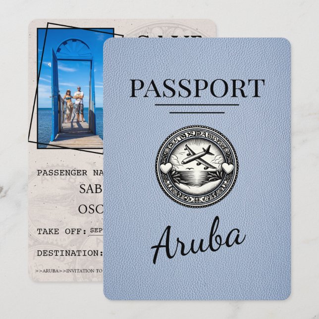 Dusty Blue Aruba Passport Save the Date (Vorne/Hinten)