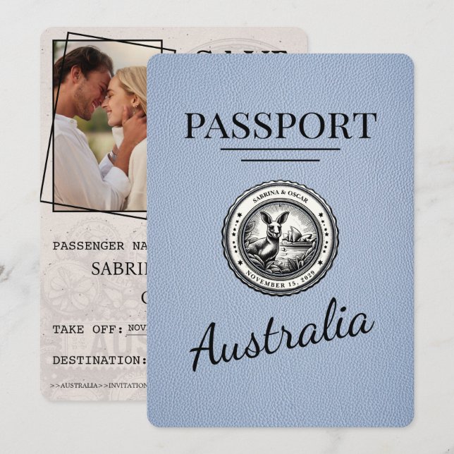 Dusty Blue Australia Passport Save the Date (Vorne/Hinten)