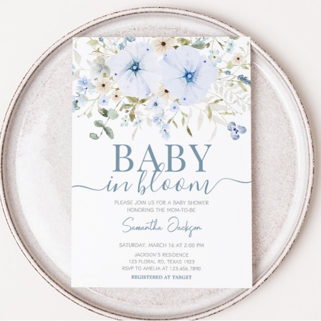 Dusty Blue Baby Bloom Baby Dusche Einladung (Boy Spring Flowers Baby Shower Invitation)