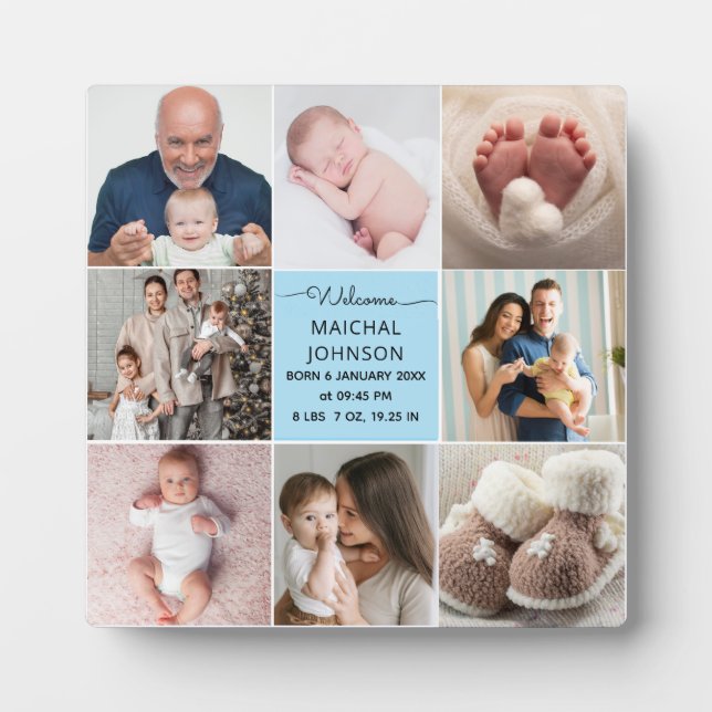 Dusty Blue Baby Boy Name Birth stats photo collage Fotoplatte (Vorderseite)