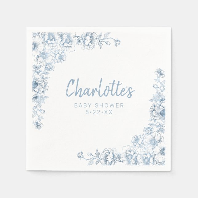 Dusty Blue Baby Dusche Napkins Floral Chinoiserie Serviette (Vorderseite)
