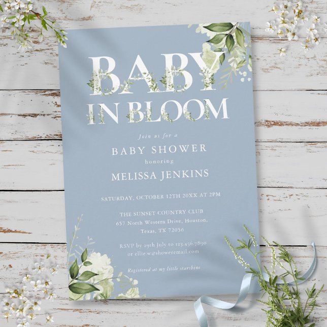 Dusty Blue Baby in Bloom Greenery Baby Dusche Einladung (Dusty Blue Baby In Bloom Greenery Baby Shower Invitation)