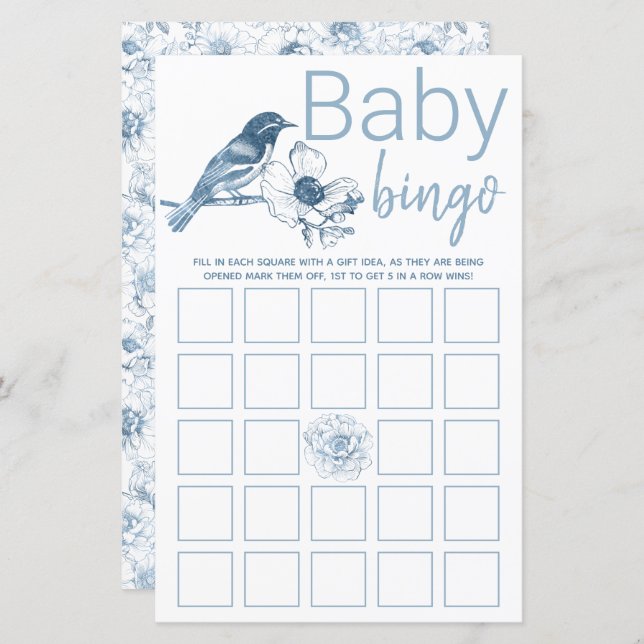 Dusty Blue Baby Showdusche Bingo Game Card Floral (Vorne/Hinten)
