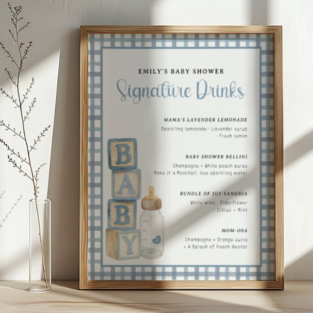 Dusty Blue Baby Shower Signature Drinks Sign  Poster (Baby Shower Signature Drinks)