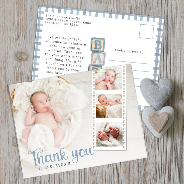 Dusty Blue Baby Shower Thank You Photo Postcard Postkarte (Baby Shower Thank You Postcard )