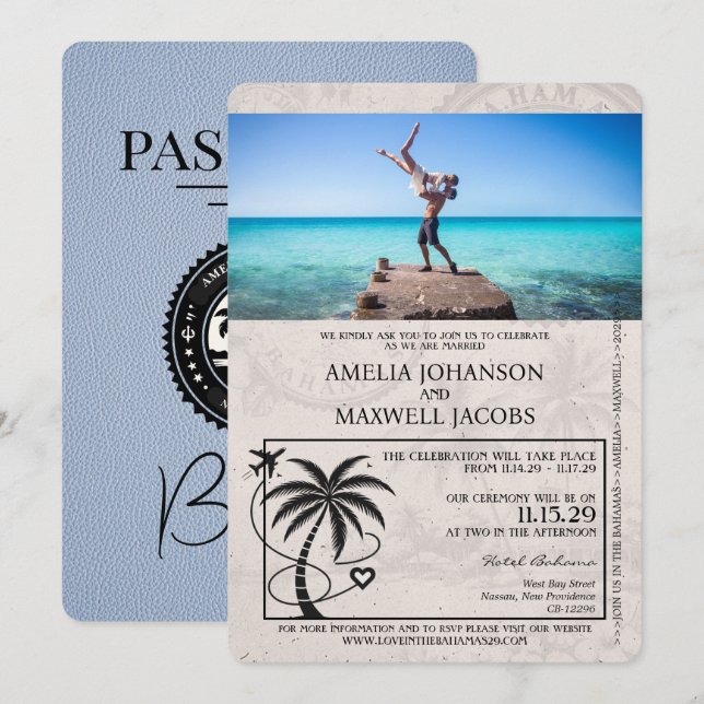 Dusty Blue Bahamas Passport Hochzeit Einladung (Vorne/Hinten)
