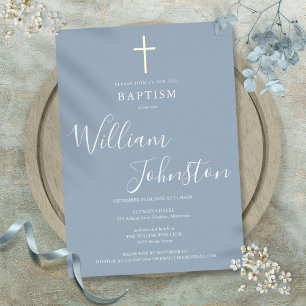 Dusty Blue Baptisse Christening Elegantes Gold Cro Folieneinladung
