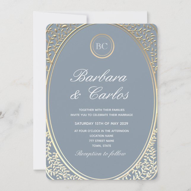 Dusty Blue Baroque Gold Hochzeit Einladung (Vorderseite)