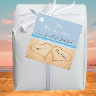 Dusty Blue Beach Hochzeit 2 Herzen im Sand Geschenkanhänger