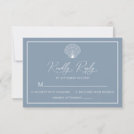 Dusty Blue Beach Seashell Elegante Wedding RSVP Karte