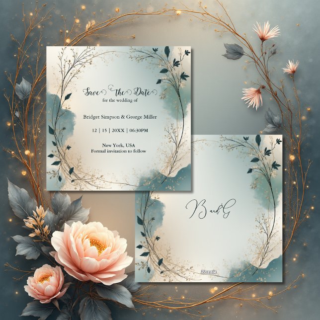 Dusty Blue Beige Boho Chic foliage wreath Wedding Save The Date (Von Creator hochgeladen)