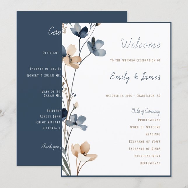 Dusty Blue Beige Botanical Modern Elegant Wedding Programm (Vorne/Hinten)