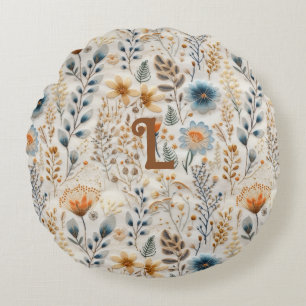 Dusty Blue Beige Floral Cotattaccore Monogramm Rundes Kissen