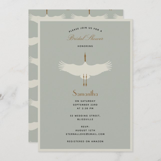 Dusty Blue Birds Swans Art Deco Brautparty Einladung (Vorne/Hinten)