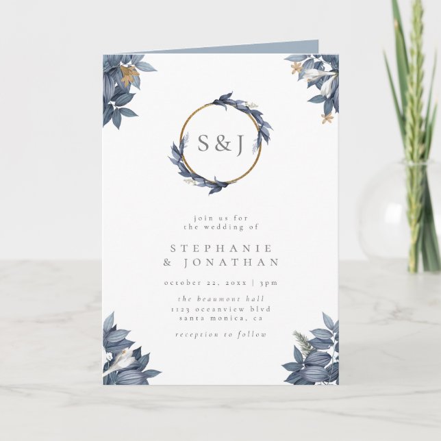 Dusty Blue Blätter & Gold Glitzer Monogram Wedding Einladung (Vorderseite)