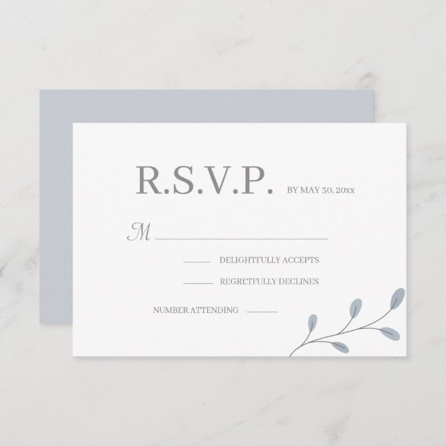 Dusty Blue Blätter Minimalistisch Wedding RSVP Einladung (Vorne/Hinten)