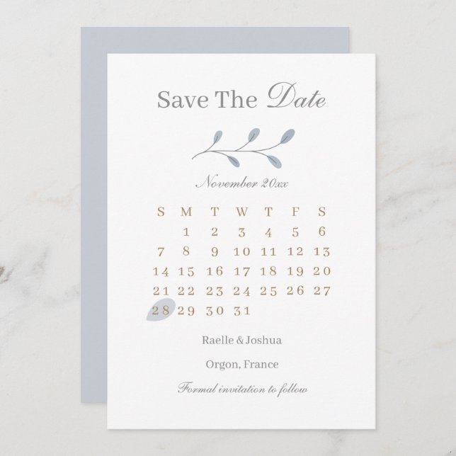 Dusty Blue Blätter Save the Date Hochzeit Minimali Einladung (Vorne/Hinten)