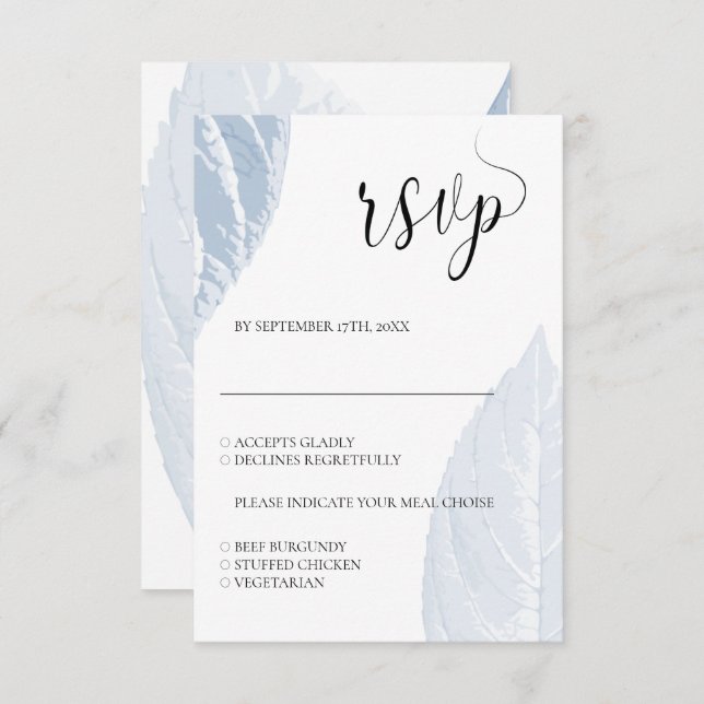 Dusty blue Blätter Wedding RSVP card (Vorne/Hinten)