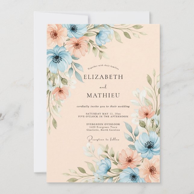 Dusty Blue Blissful Spring Wedding Einladung (Vorderseite)