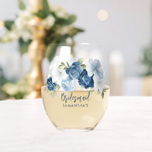 Dusty Blue Bloom Elegante Script Wedding Bridesmai Weinglas Ohne Stiel