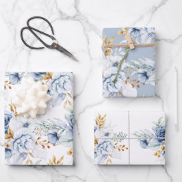 Dusty Blue Blue Blue Blue Gold Floral Wedding Geschenkpapier Set