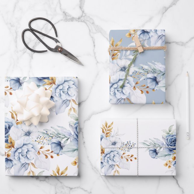 Dusty Blue Blue Blue Blue Gold Floral Wedding Geschenkpapier Set (Vorderseite)