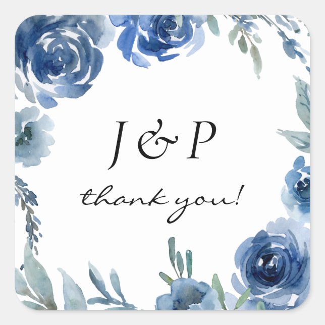 Dusty Blue & Blue Floral Danke Monogram 2 - Quadratischer Aufkleber (Vorderseite)