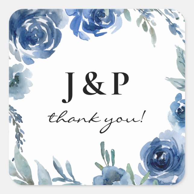 Dusty Blue & Blue Floral Danke Monogram - Quadratischer Aufkleber (Vorderseite)