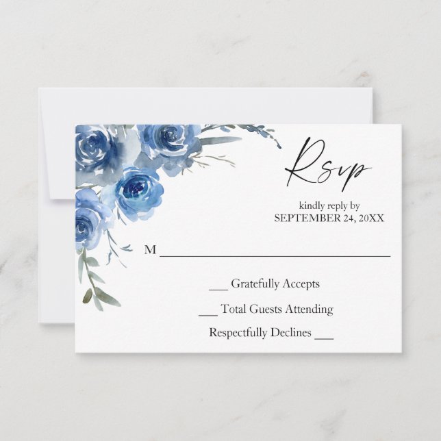 Dusty Blue & Blue Floral no Meal RSVP Card (Vorderseite)