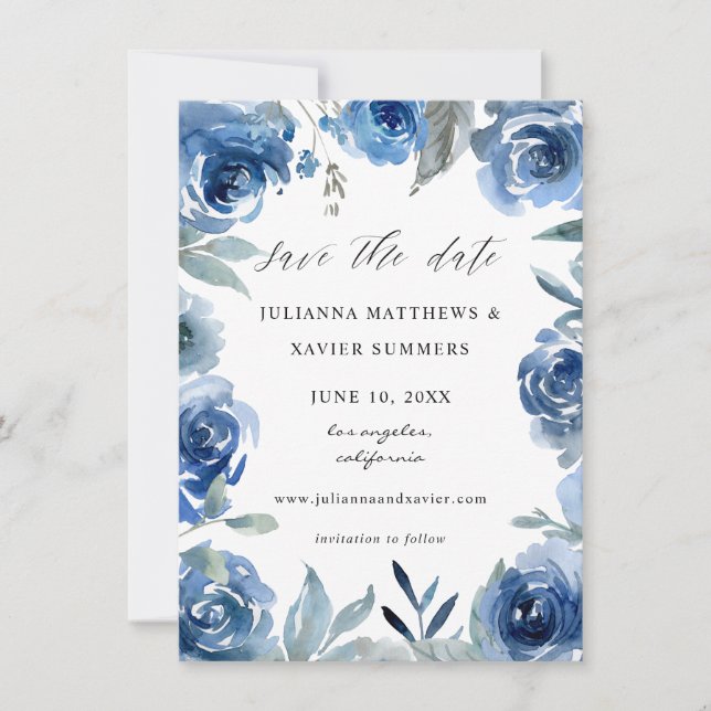 Dusty Blue & Blue Floral Save The Date (Vorderseite)