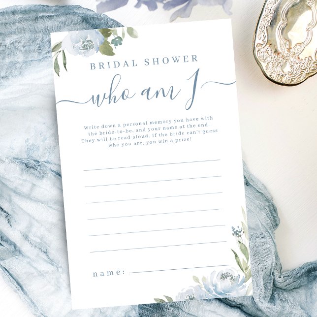 Dusty Blue Blues, der ich Brautparty-Spiel bin (Dusty blue floral who am I bridal shower game)