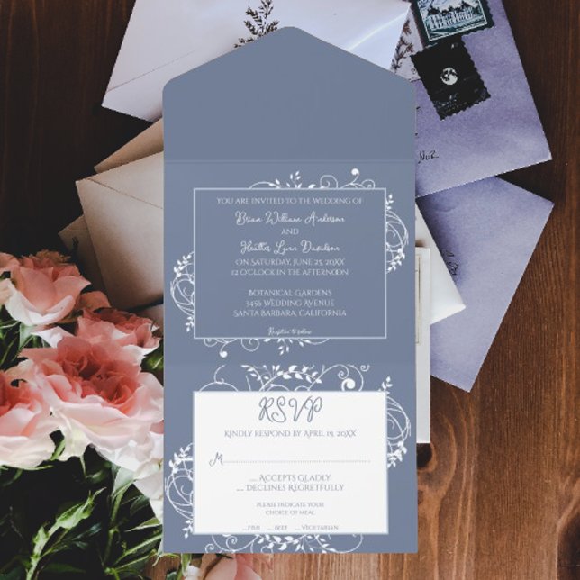 Dusty Blue Blühe Hochzeit in einer Einladung (Dusty Blue Flourish All in One Wedding Invite)