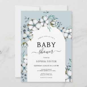 Dusty Blue, Blume aus Baumwolle, weiße Bogen Baby  Einladung