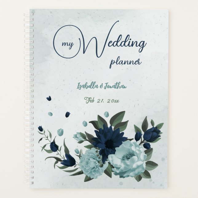 Dusty Blue Blume botanische Hochzeit Planer (Vorderseite)