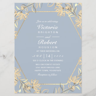 Dusty Blue Blume Goldrahmen Hochzeitseinladungen Einladung