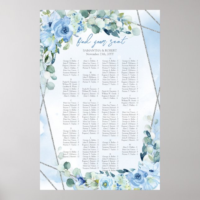 Dusty Blue Blumen Silber Rahmen Salbei Alphabetisc Poster (Vorne)