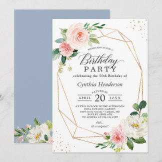 Dusty Blue Blush Floral Geometric Geburtstagsparty Einladung