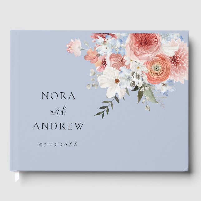 Dusty Blue Blush Floral Wedding Gästebuch (Vorderseite)
