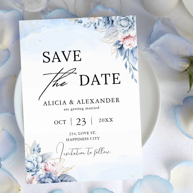 Dusty Blue Blush Gold Floral Save the Date Einladung (Dusty Blue Blush Gold Floral Save the Date Invitation)