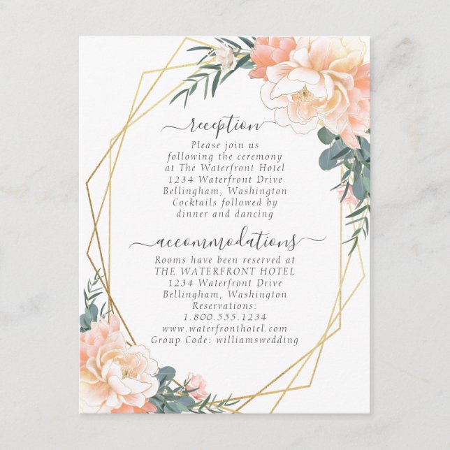 Dusty Blue Blush Peach Floral Gold Hochzeiten Deta Begleitkarte (Vorderseite)