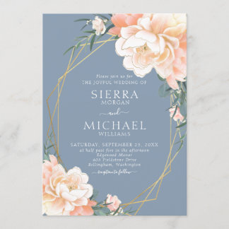 Dusty Blue Blush Peach Gold Floral Wedding Einladung