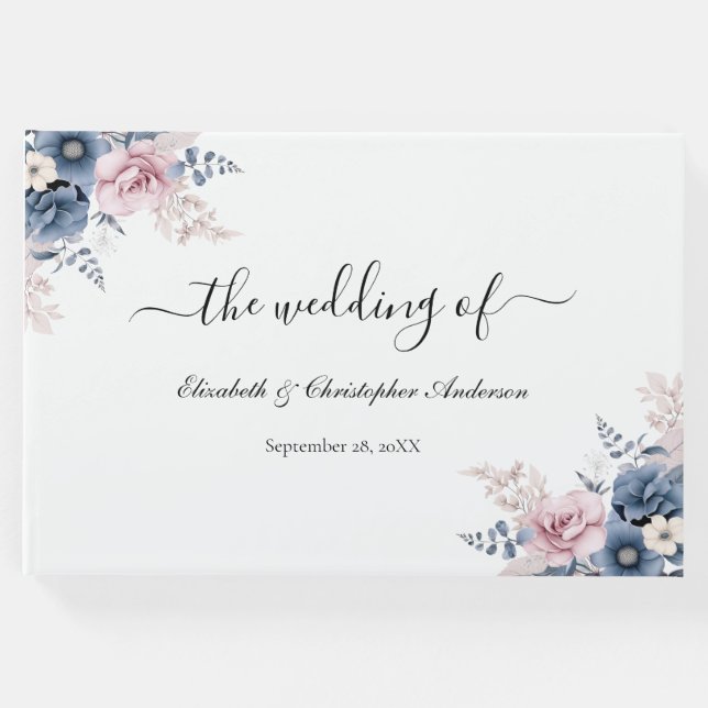 Dusty Blue Blush Pink Botanische Hochzeit mit flor Gästebuch (Vorderseite)
