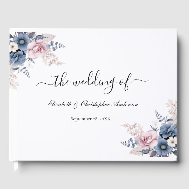 Dusty Blue Blush Pink Botanische Hochzeit mit flor Gästebuch (Vorderseite)