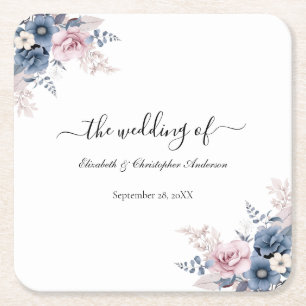 Dusty Blue Blush Pink Botanische Hochzeit mit flor Rechteckiger Pappuntersetzer
