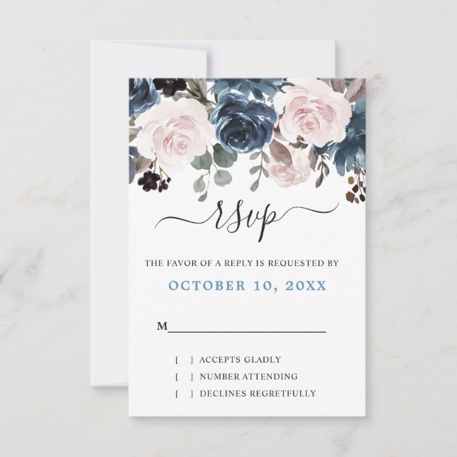 Dusty Blue Blush Pink Botanische Hochzeit mit flor RSVP Karte (Vorderseite)
