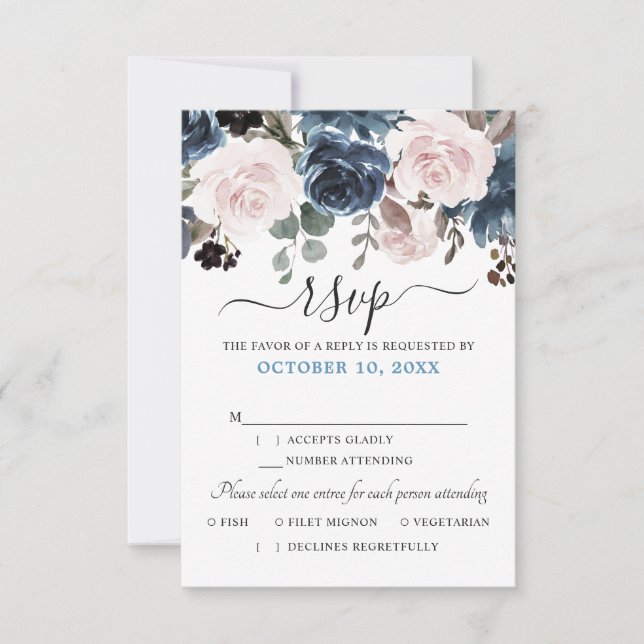 Dusty Blue Blush Pink Botanische Hochzeit mit flor RSVP Karte (Vorderseite)
