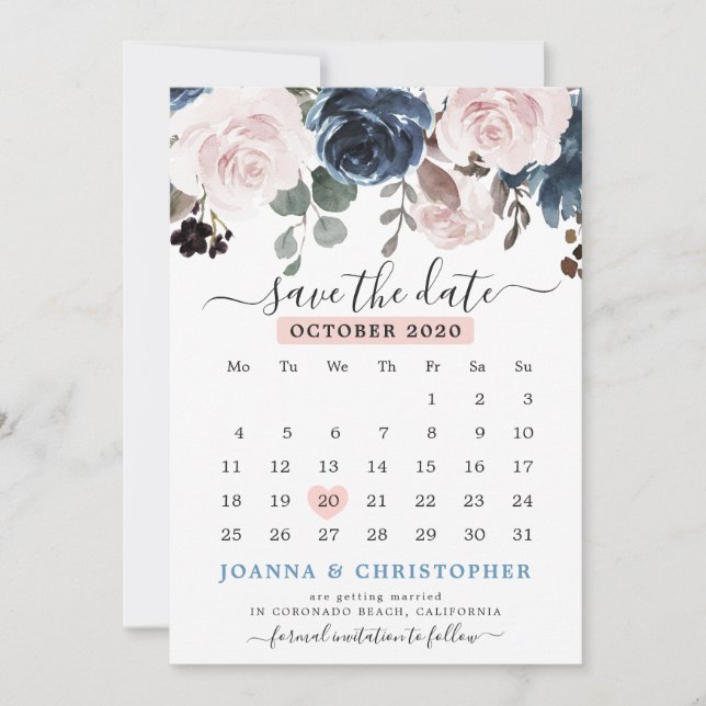 Dusty Blue Blush Pink Botanische Hochzeit mit flor Save The Date (Vorderseite)